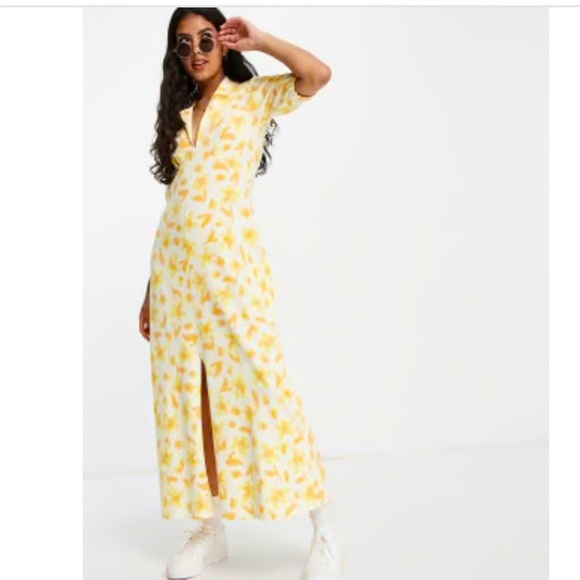ASOS DESIGN Ultimate Maxi Tea Dress Size 8 Yellow Floral print Boho Cotton Slit - Picture 1 of 13